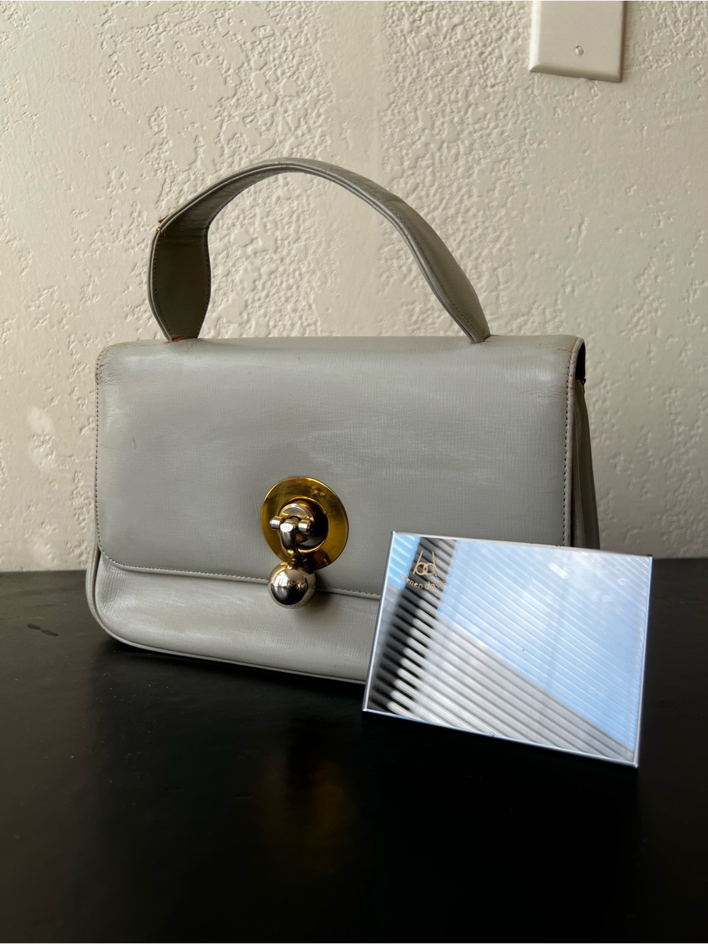 Vintage Bienen Davis Mid-Century Grey Leather Top Handle Handbag - With Mirror